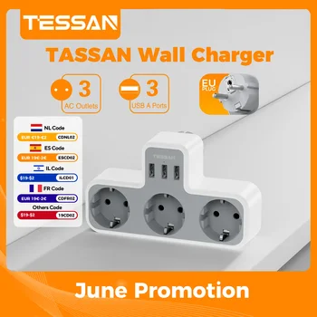 TESSAN 6-in-1 Multi Socket USB Charging Adapter with 3 AC Outlets and 3 USB A Ports 3600W 3-Way Wall Socket for Home Office