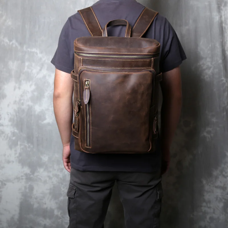 Retro Crazy Horse Leather Vertical Style Backpack Men's Head Layer Cowhide Large Capacity Business Travel Computer Bag 3