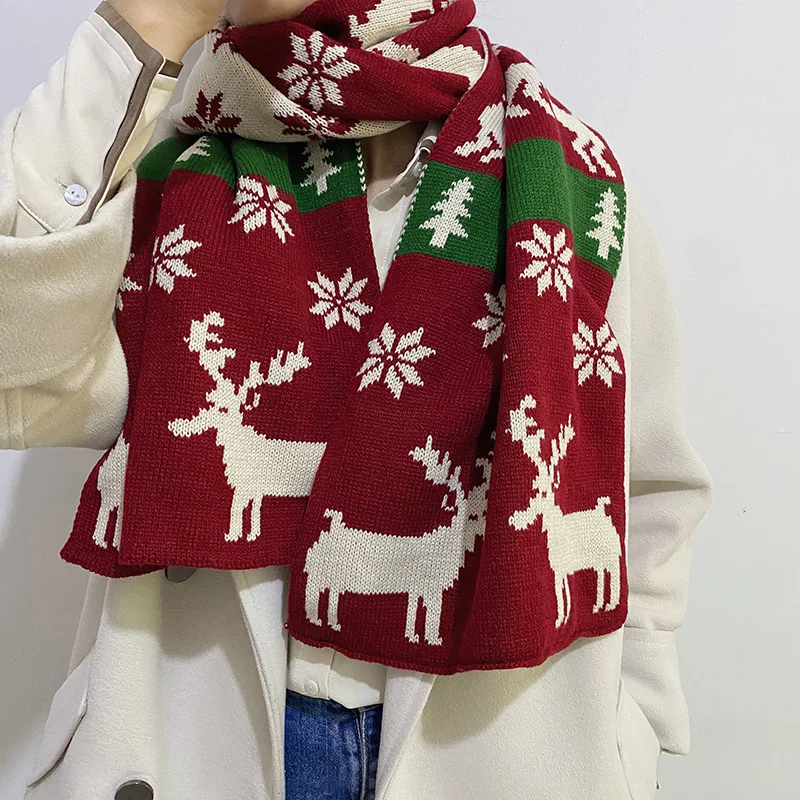 Christmas Scarf Elk Pattern Winter Knitting Warm Scarf Female Christmas Couple Gift Student Cute Scarf