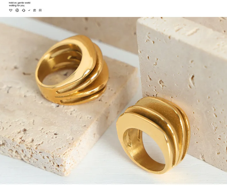 Trendige mehrschichtige Ringe für Damen und Herren, 316L-Edelstahl, 18 Karat vergoldet, kein Anlaufen, offener Fingerring für Damen, Paarschmuck – Detail 7