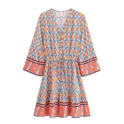 Vintage Chic Flare Sleeve Bohemian Mini Dress - Women's Summer Geometry Print - M (Blue)
