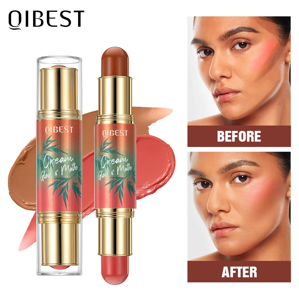 QIBEST 2 In 1 Multiuse Stick Double Headed Bronzer Blush For Cheeks Eyes Lips Long Lasting Matte Glow Makeup Contourining Stick