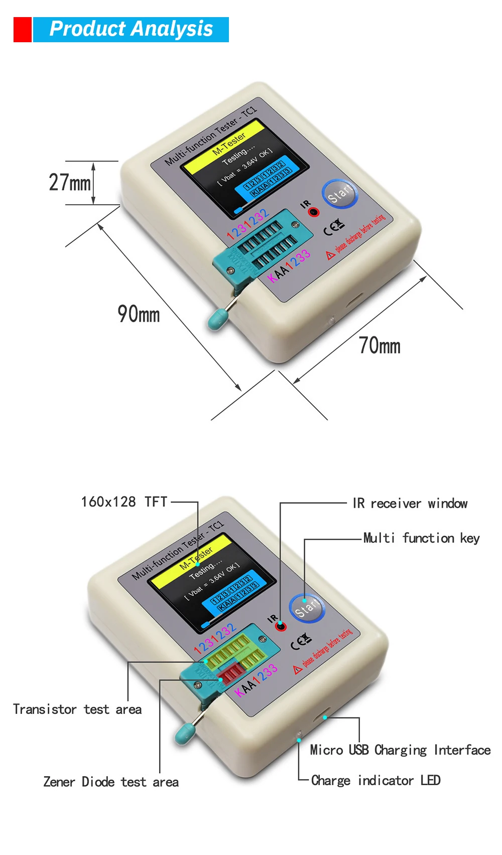 Full Color Transistor Tester Handheld Multi-Function Analyzer for Diodes, Triode