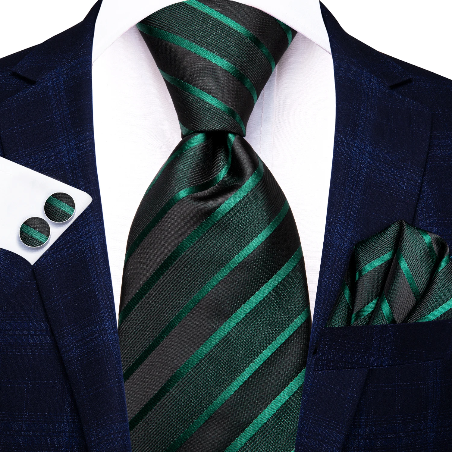 

Hi-Tie Dark Green Black Striped Designer Elegant Men Tie Jacquard Necktie Accessory Cravat Wedding Business Party Hanky Cufflink