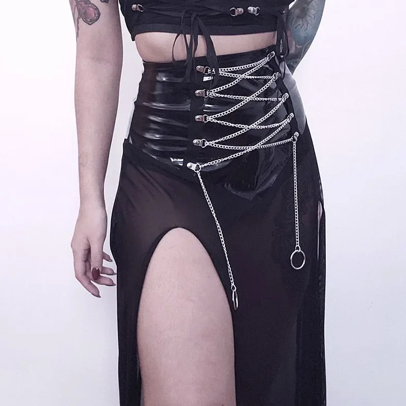 

Goth Dark Split Mall Gothic Lace Sexy Chain Bandage Midi Skirts Women Grunge Aesthetic Black Punk Faux Leather Partywear Clothes