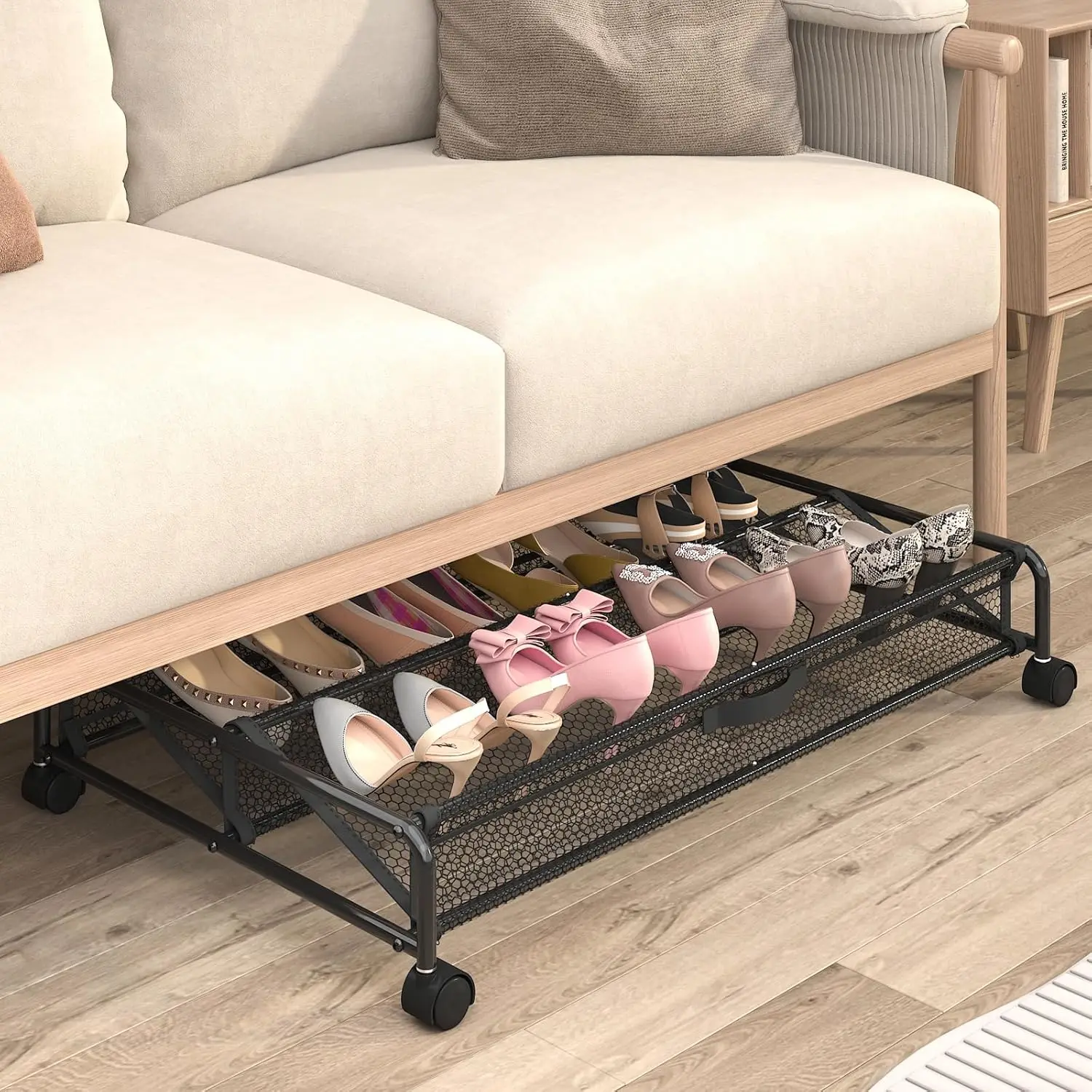 Under Bed Shoe Storage with Wheels, 2 Pack Rolling Under Bed Storage Containers for Shoes Metal Shoe Rack Organizer
