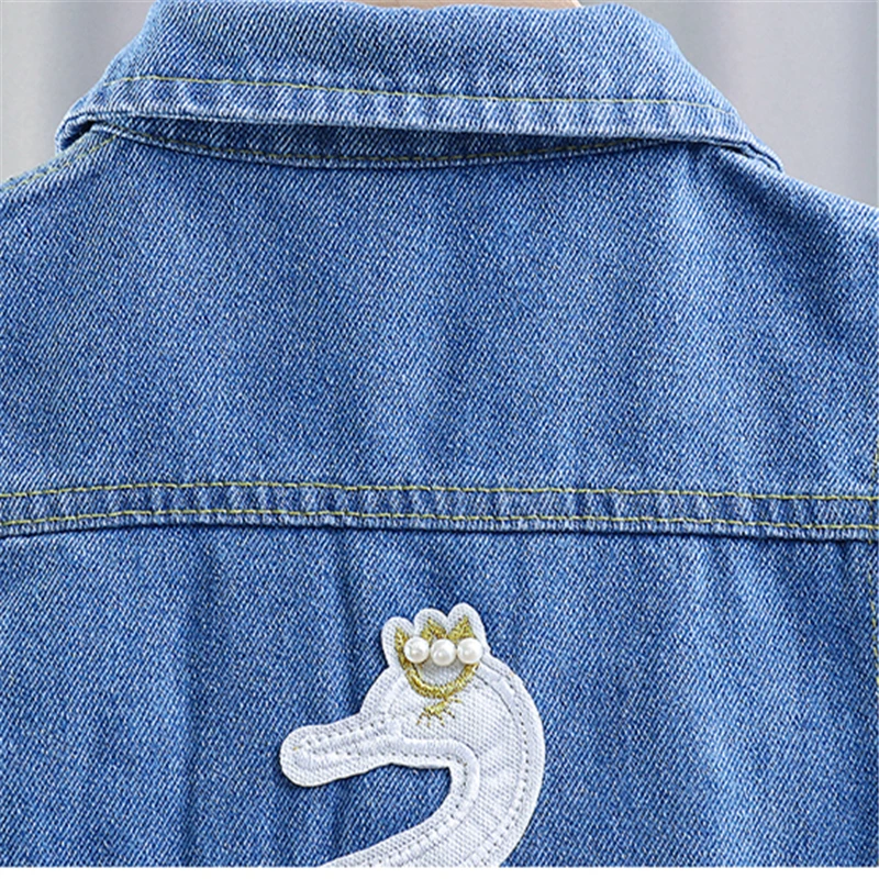  여자 귀여운 데님 조끼, 뒷면에 백조, 우아한 아동 민소매 청자켓,  캐주얼 데님 조끼, 2-9세