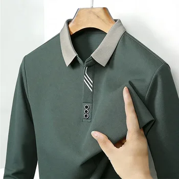 Polo Casual da Uomo a Maniche Lunghe con Colletto a Contrasto e Dettagli a Righe per Ufficio e Uso Quotidiano