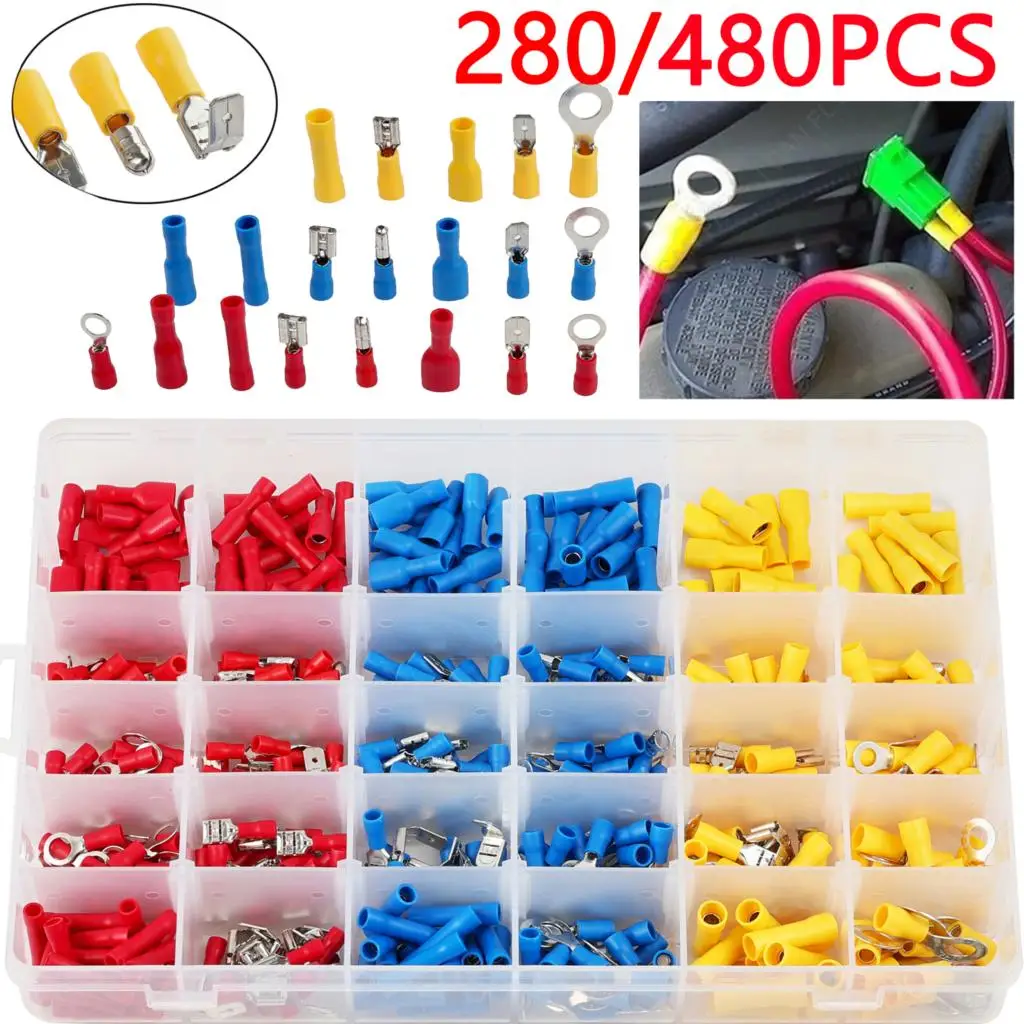 

Box 280/480Pcs Assorted Spade Terminals Insulated Cable Connector Electrical Wire Crimp Butt Ring Fork Set Lugs Rolled Kit Spade