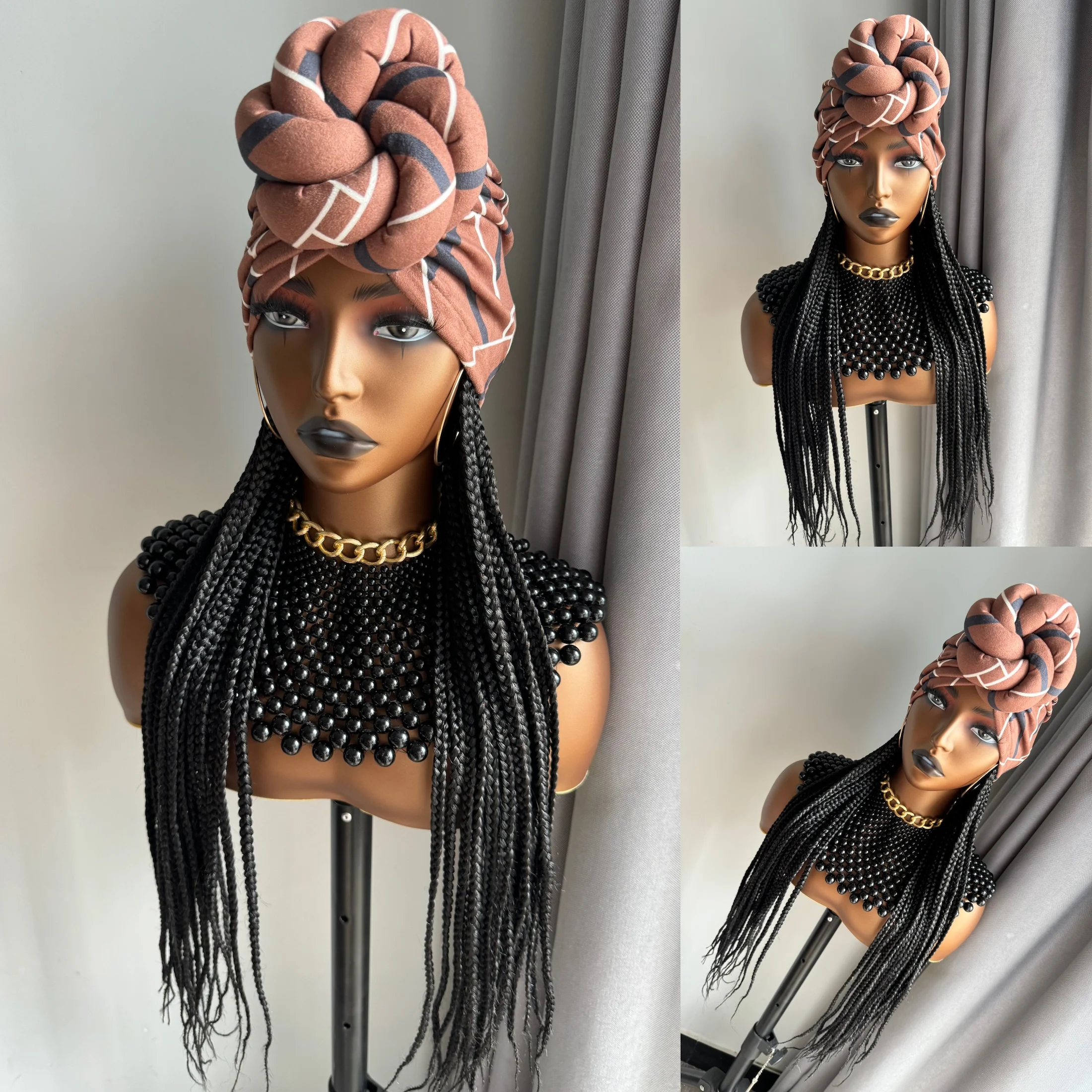 Synthetic Hair Wigs Long Black Synthetic Box Braided With Elastic Bands Headband Wig And Headband Split Set Turban Braiding Hair Extensions Wigs