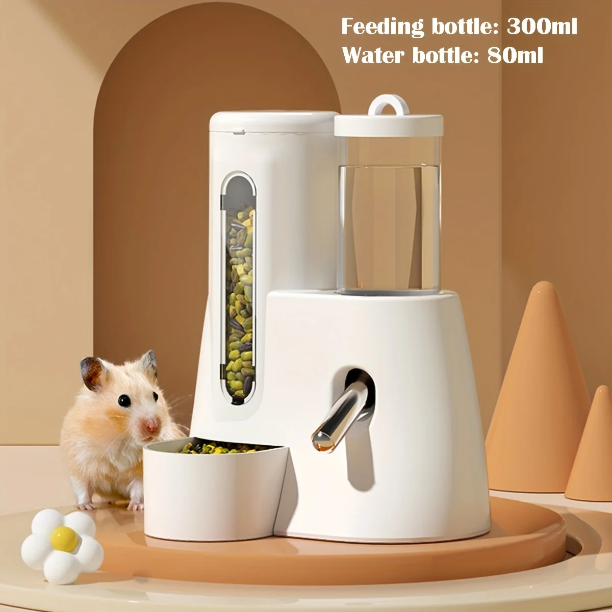 Dispenser automatico di cibo e acqua 2 in 1 per criceti, design anti-ribaltamento e antiscivolo, beccuccio in acciaio inossidabile resistente ai morsi, ciotola rimovibile per piccoli animali