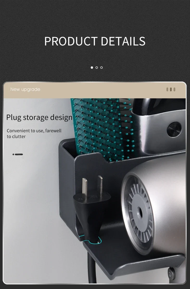 Description Picture 5 of item1PC Black Wall Dryer Hair Straightener Stand Hair Dryer Holder Hairdryer Organizer Box Toilet Blower Holder Shelf Bathroom