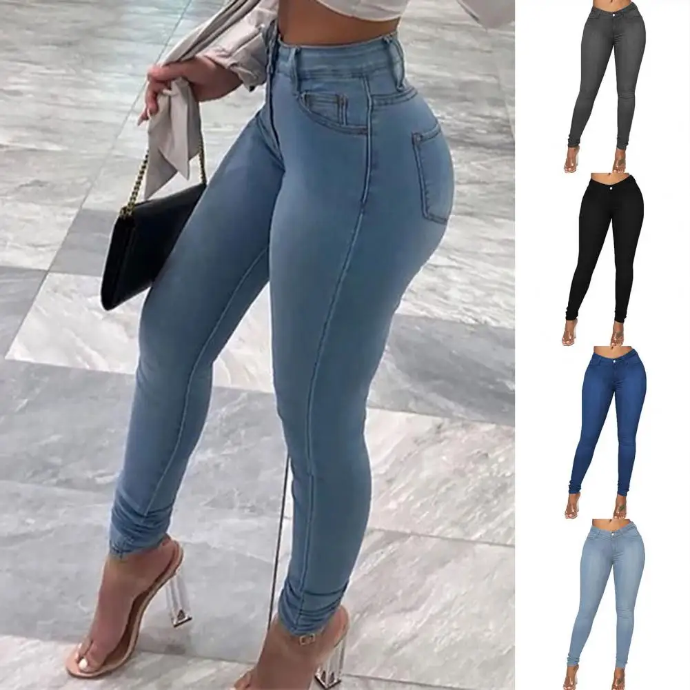 Cool  Women Jeans Retro Butt-lifting Lady Skinny Jeans Slim Fit Button Zipper Fly Denim Trousers for Office