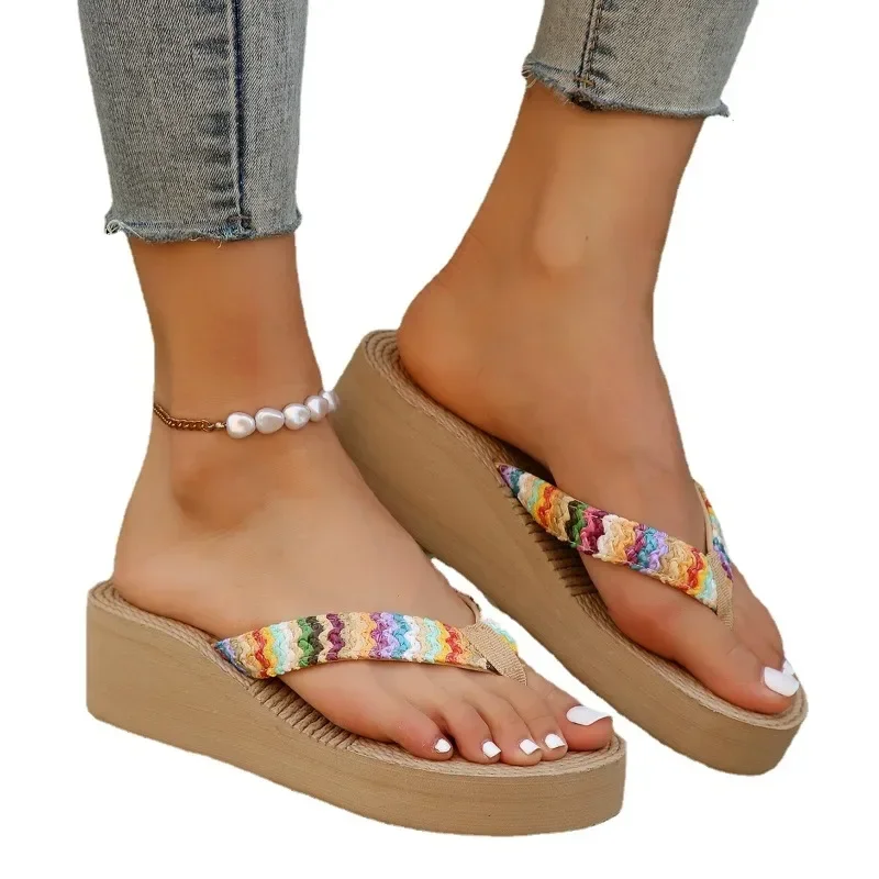 Women Slippers Summer Wedge Thick Sole Outdoor Beach Slippers Fashion Flip Flop Bohemian Style Sandals