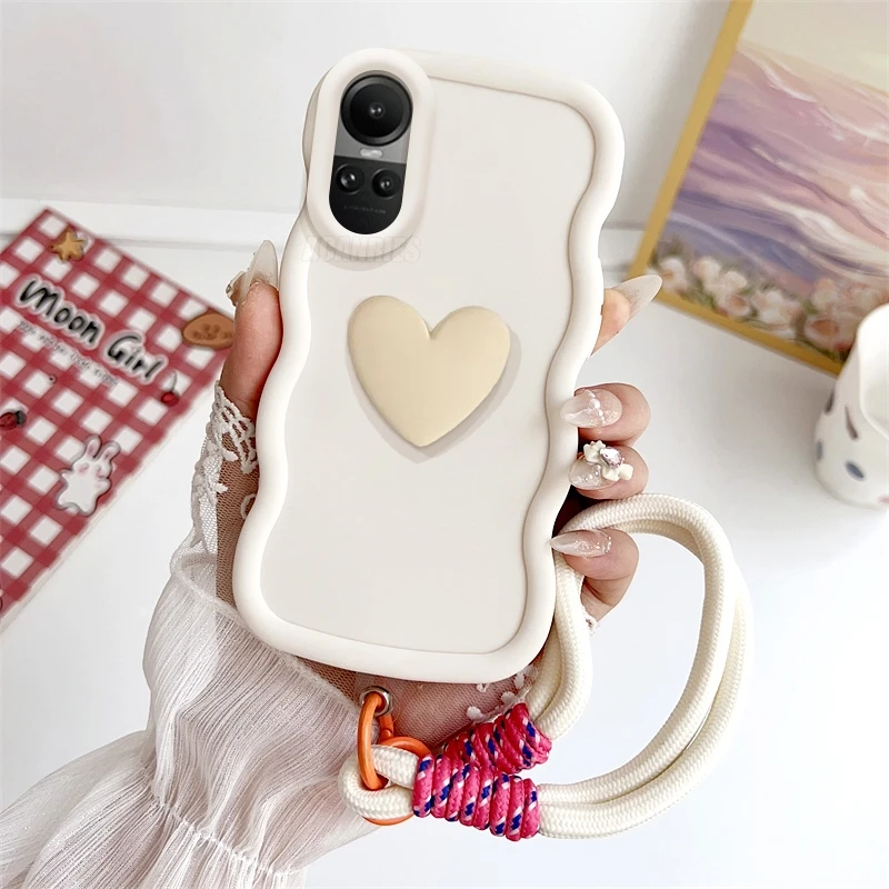 Love Heart Wavy Silicone Case with Lanyard Wrist Strap Cover