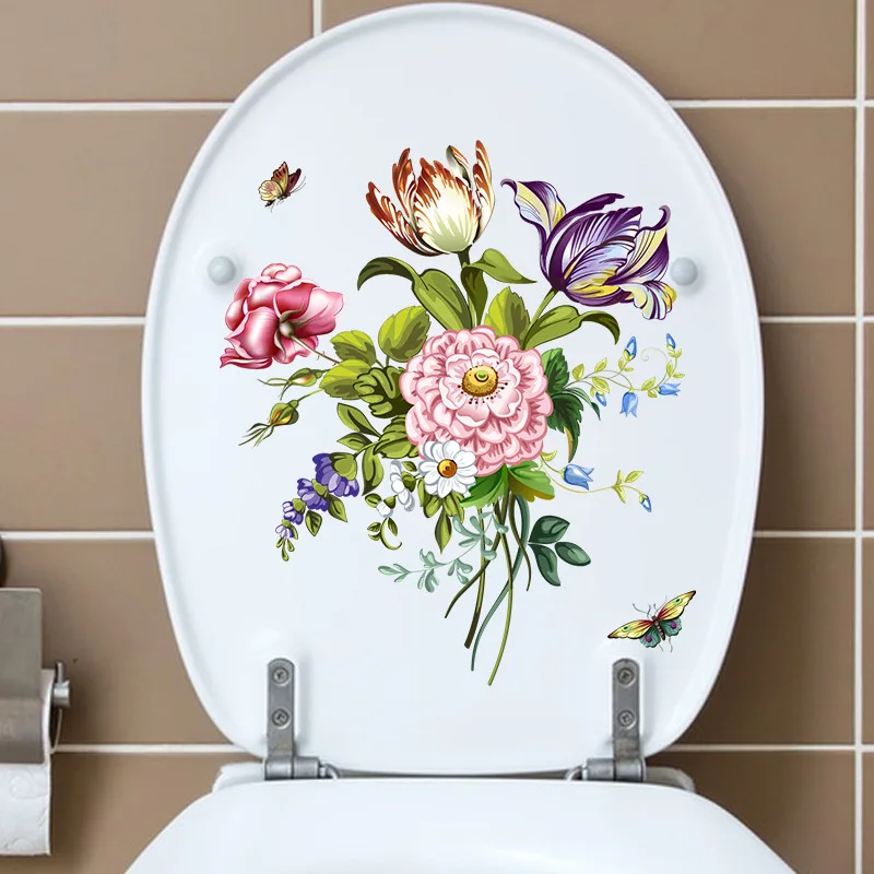 Watercolor Hand Drawn Floral Peony Flower Green Plants Butterfly Wall Stickers Bathroom Toilet Decor Decals Self Adhesive Murals toilet stickers toilet wall stickers toilet seat stickers