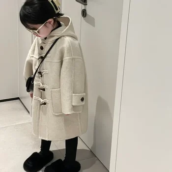 Korean Kids Coat - Horn Button Hooded Fur Jacket for Winter, Boys & Girls Warm Outerwear, Baby Girl Winter Clothes
