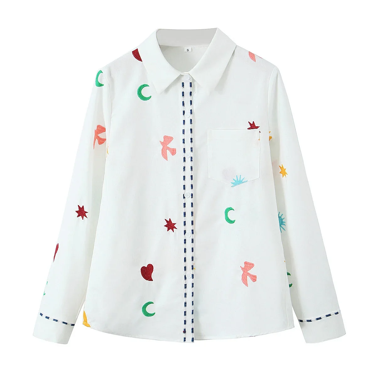 

Women's New Fashion Pocket Decoration Casual Embroidery Print Lapel Shirt Retro Long sleeved Button Women's Shirt Unique Top