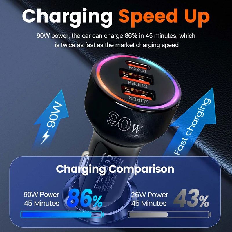 90W 고속 충전 차량용 어댑터, 화려한 LED 조명, 3포트 PD30W 타입 C 및 듀얼 QC3.0 USB A, 12-24V 자동차용 범용