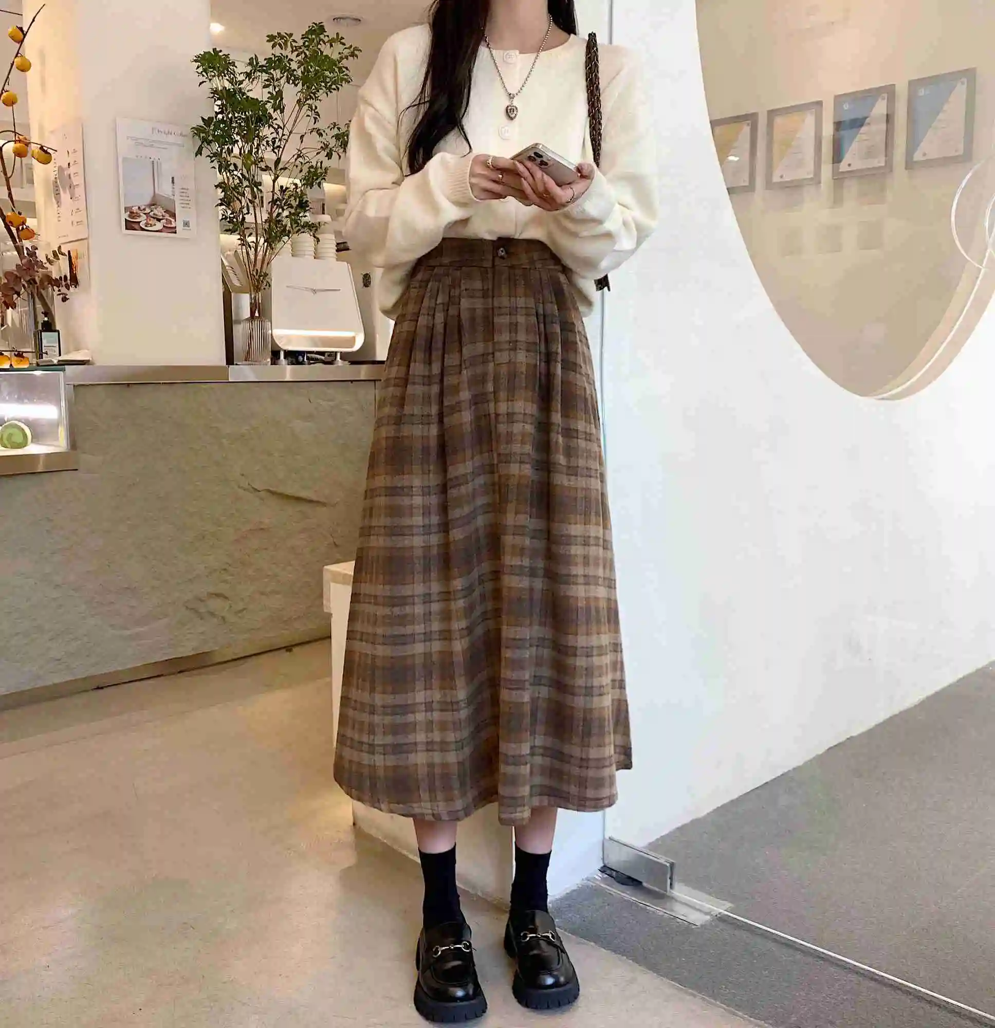 New Skirt Fashion Casual Women Vintage Plaid Elegant Elastic High Waist A-line Office Harajuku Streetwear Midi Skirt 2022 long skirts