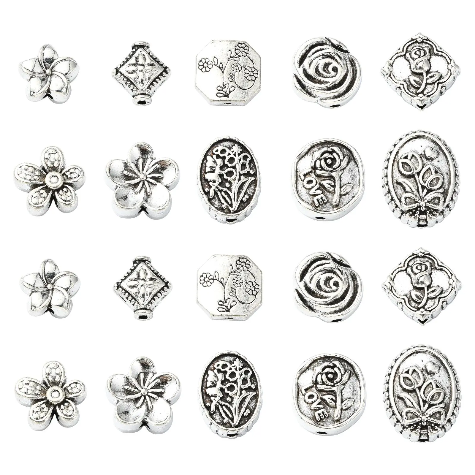 Pandahall 100 Stück 10 Stile Antik-Silber-Abstandsperlen in Blumenform, tibetische Blumen, lose Perlen für Schmuckherstellungszubehör