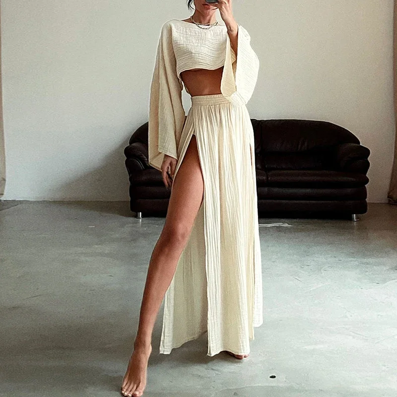 

Casual Solid Cotton Linen 2 Piece Sets Spring O Neck Crop Top High Waist Slit Women Skirt Outfit Summer Flare Sleeve Hollow Suit