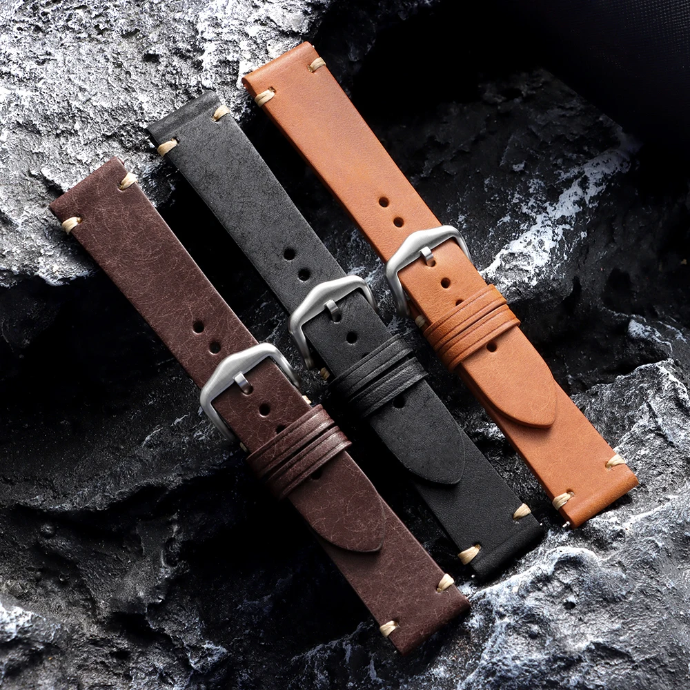 Vintage Brown & Black Handmade Cowhide Leather Watch Strap with Quick Release