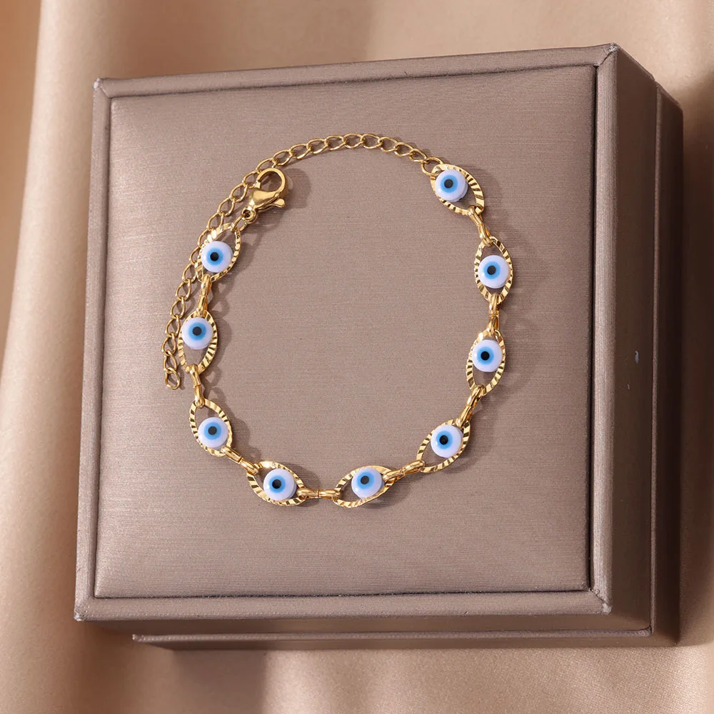 Stainless Steel Evil Eye Bracelet Women Men Gold Color Adjustable