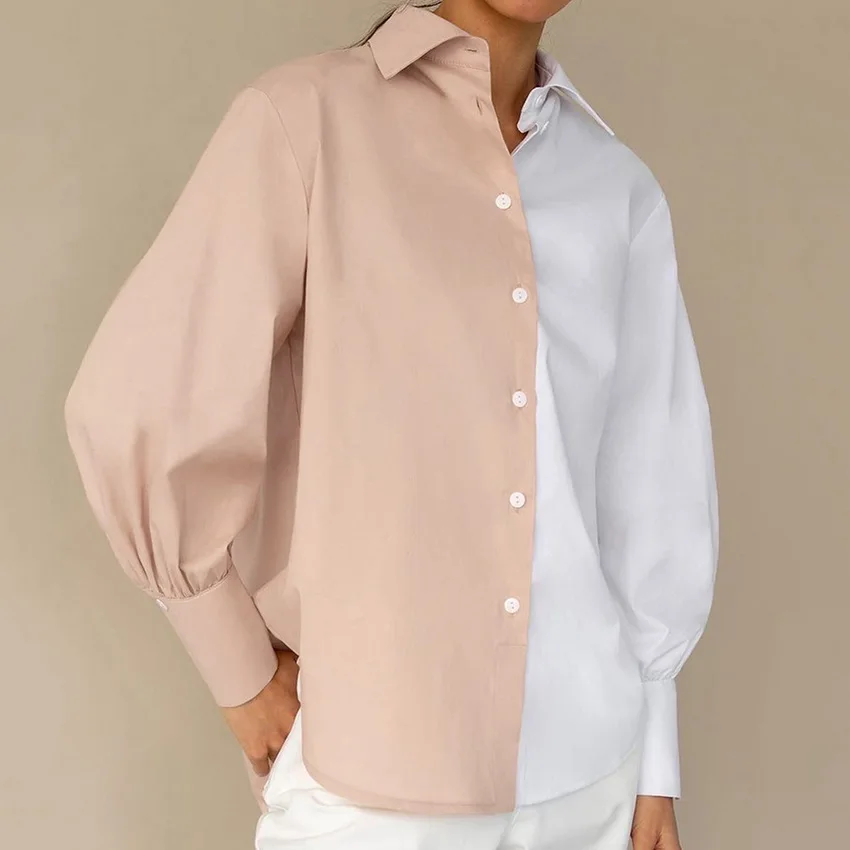 

Autumn New Temperament Commuting Long Sleeve Simple Spliced Contrast Color Womens Shirt