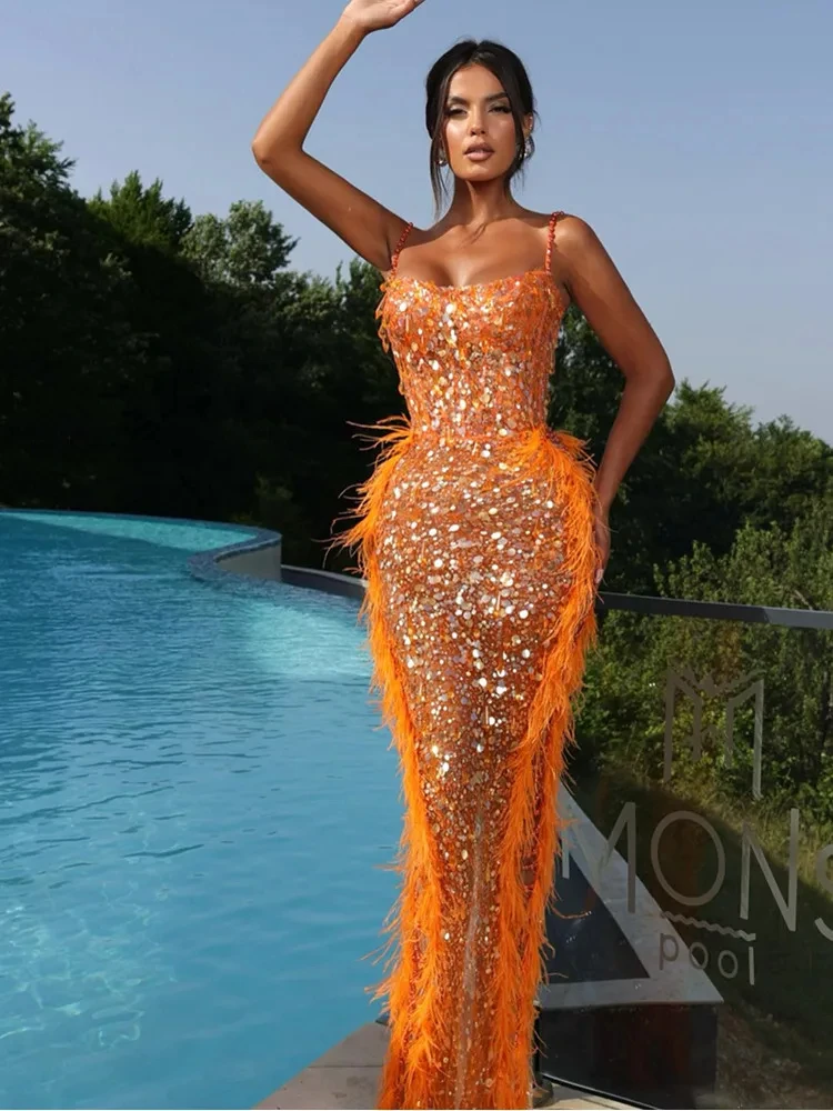 

2024 Fashion Women Sexy Pearl Backless Mesh Sequins Orange Maxi Long Bodycon Cotton Dress Elegant Evening Club Party Dress