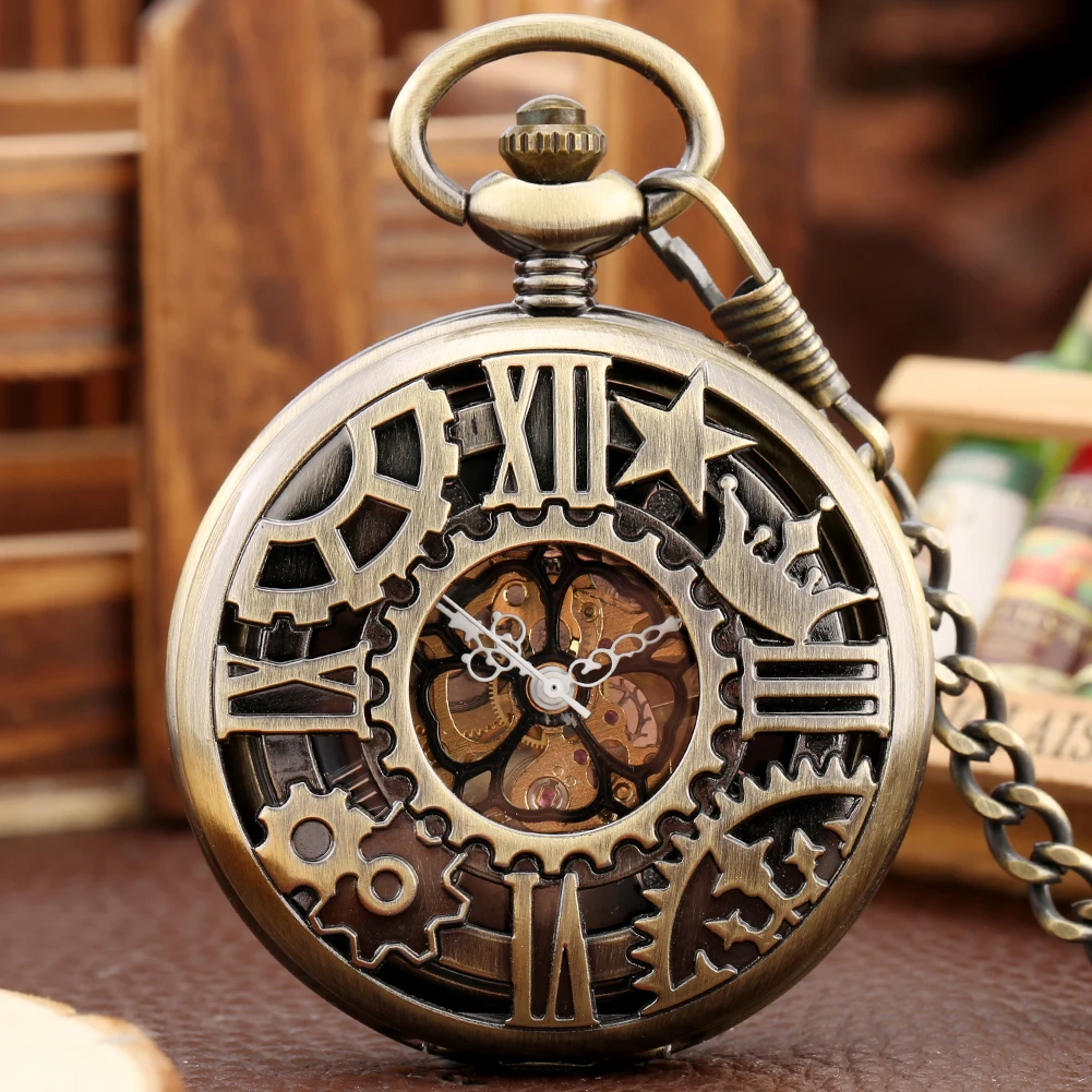 

Retro Mechanical Pocket Watch Men Antique Stylish Pocket Chain Pendant Hand Winding Timepiece Bronze/Black Hollow Half Hunter