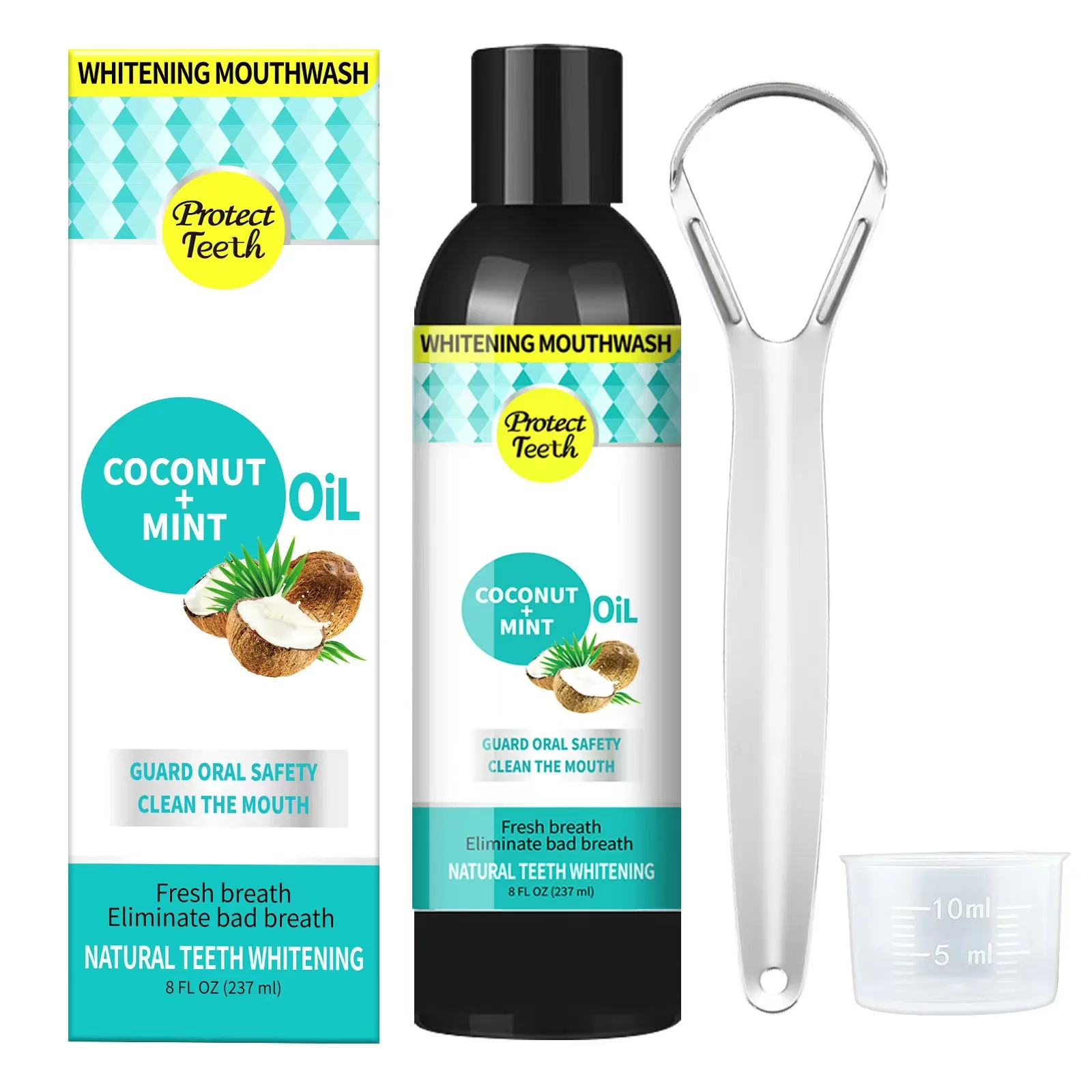 

Pulling Coconut Oil Mouth wash Mint Non Alcohol With Tongue Scraper U-shaped Women Tongue Oral Clean Teeth Whitening Mouth Wash