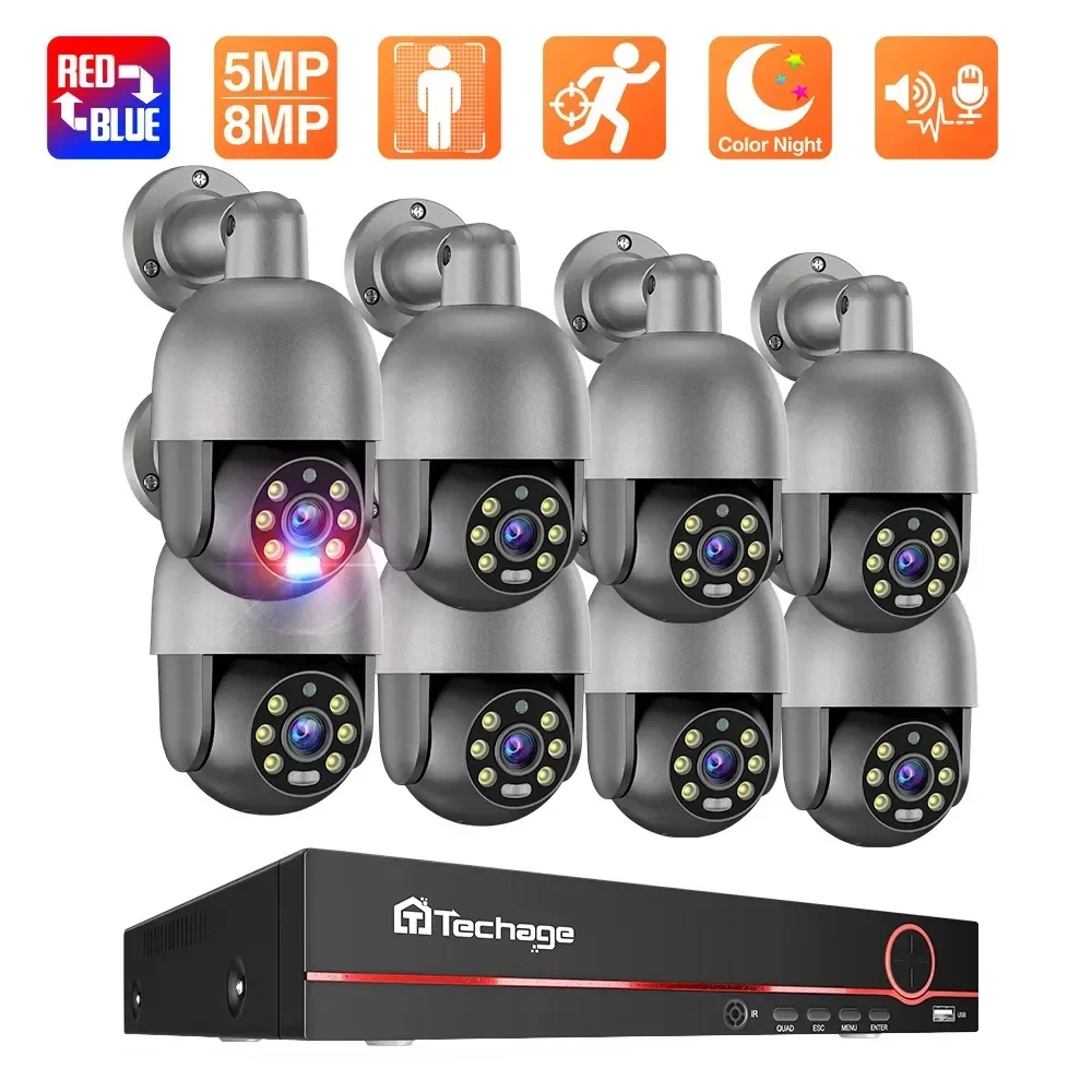 Techage HD 5MP 8MP POE Smart Security PTZ Camera System Outdoor Ultra H.265 8CH CCTV System Full Color Night Surveillance Kit