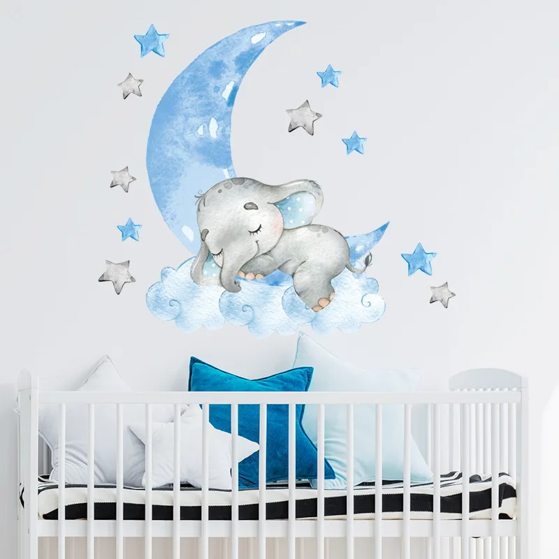 Cartoon Animal Wall Decalcomanie Bunny Elephant Moon Wall Stickers Per Baby Boy Bedroom Baby Girl Room Decoration Kids Room Wallpaper