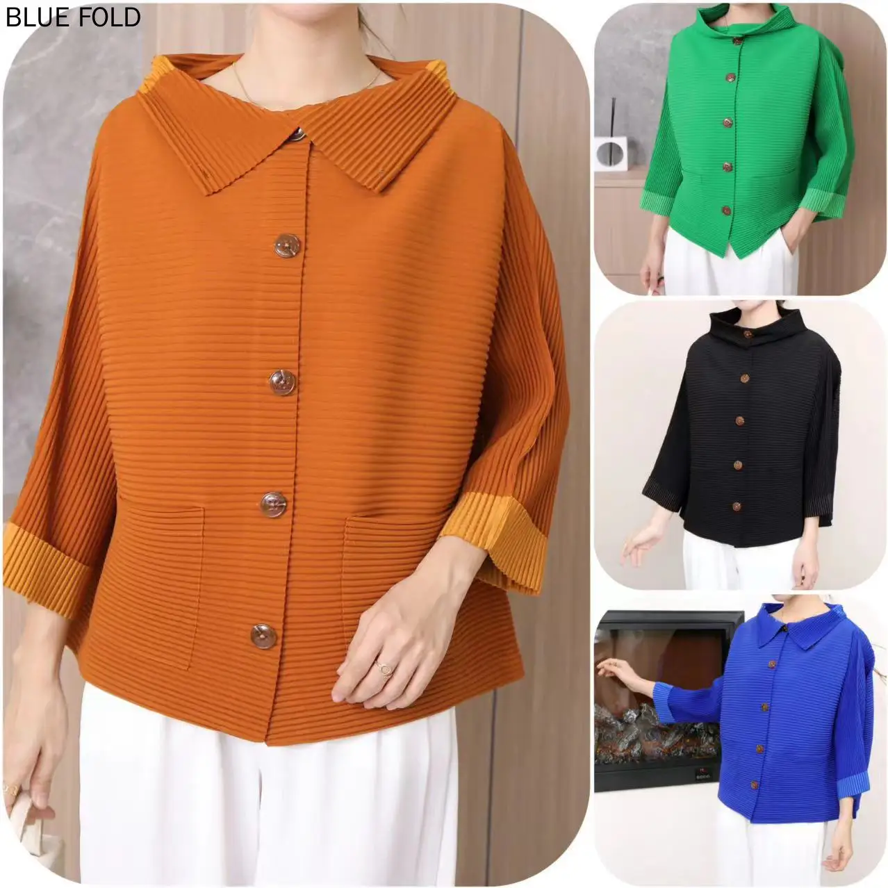 

MIYAKE PLEATS-Однобортный кардиган для женщин Контрастные цвета с лацканами и карманами Темпераментное пальто с длинными рукавами Новая мода осень