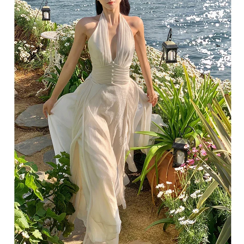 

New Women's Dress Bodycon Sleeveless Single-breasted Deep V Dresses Evening Summer Backless Sexy Party Dresses Female