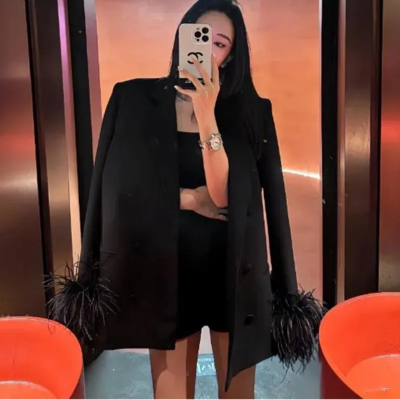 Spring Autumn New Casual Long Sleeve Suit Jacket Women's Blazer 2023 New Korean Fashion Business Elegant Tops Ostrich Feathers
