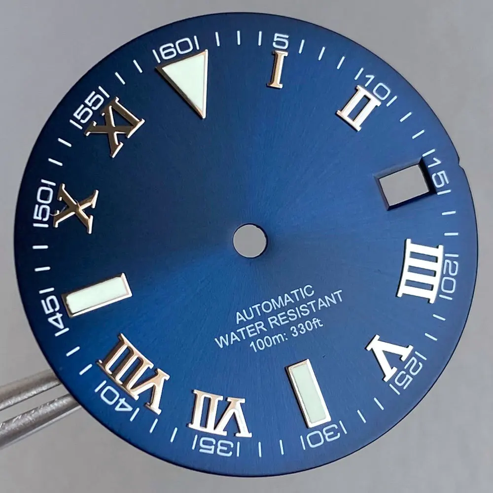 Grey Silver Sunburst 29mm Watch Dial with Roman Numerals and Multi-Colored Hand Set
