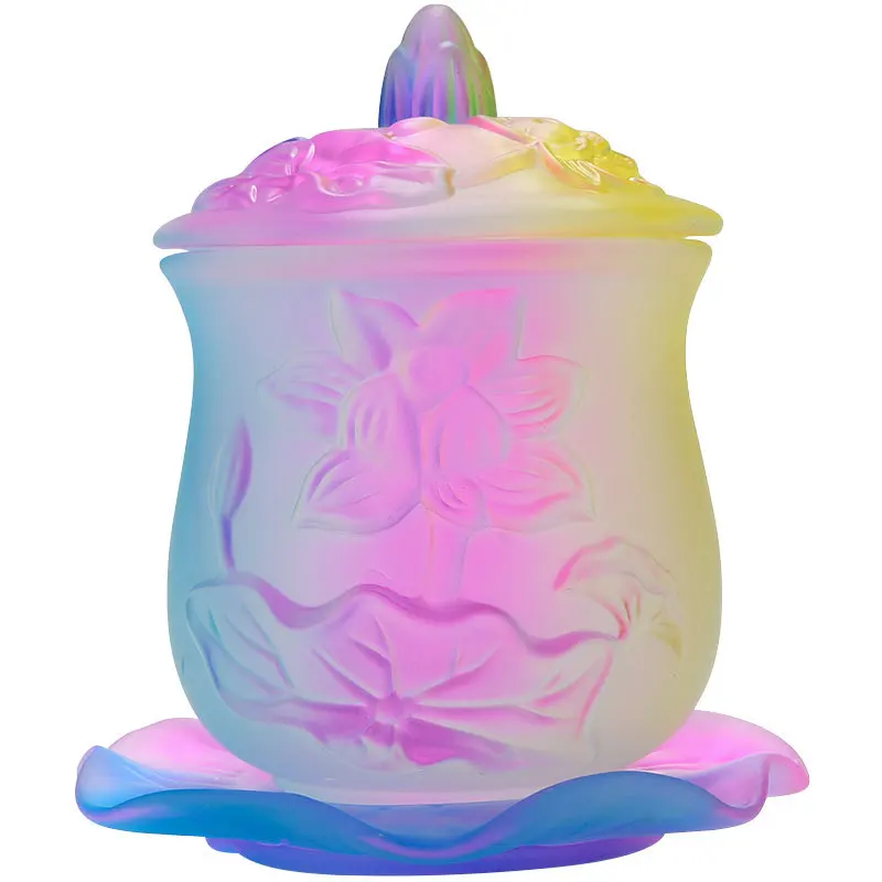 Coloured Glaze Buddha Front Holy Water Cup Household Use Lotus Bowl Buddhist Utensils Temple Guanyin Water Supply Cup with Cover 5