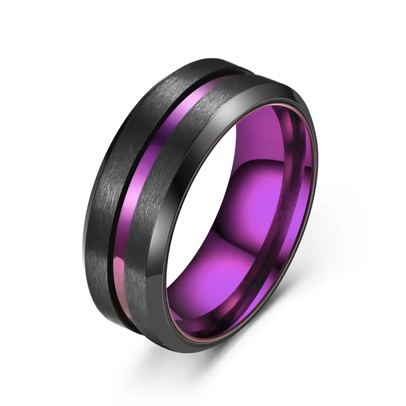 Men's Black Tungsten Wedding Band Rings Fashion 8mm Purple Groove Beveled Edge Engagement Ring for Boyfriend Jewelry Gifts stainless steel rings minimalist ring