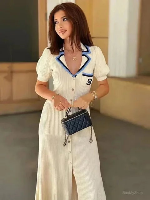 2024 Summer Elegant Slim Knitted Long Dress Women's Letter Single Breasted Long Sleeved Designer Vintage Dresses White Autumn 1