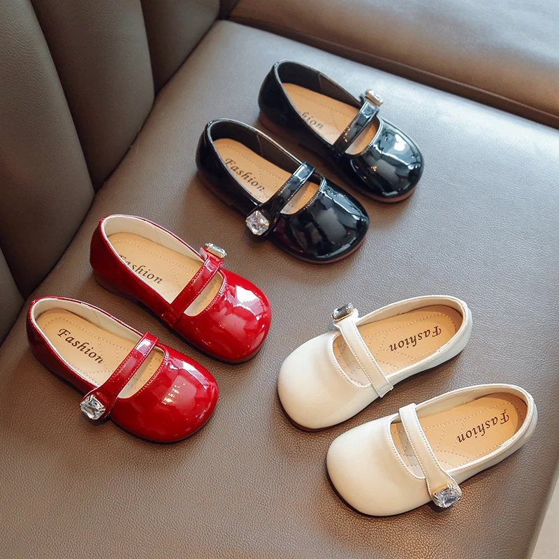 Girl Shoe Fashion Flats for Children Small Leather Shoe Red Soft Casual Shoes Boys Girls Fashion Rhinestone Candy Color Loafers