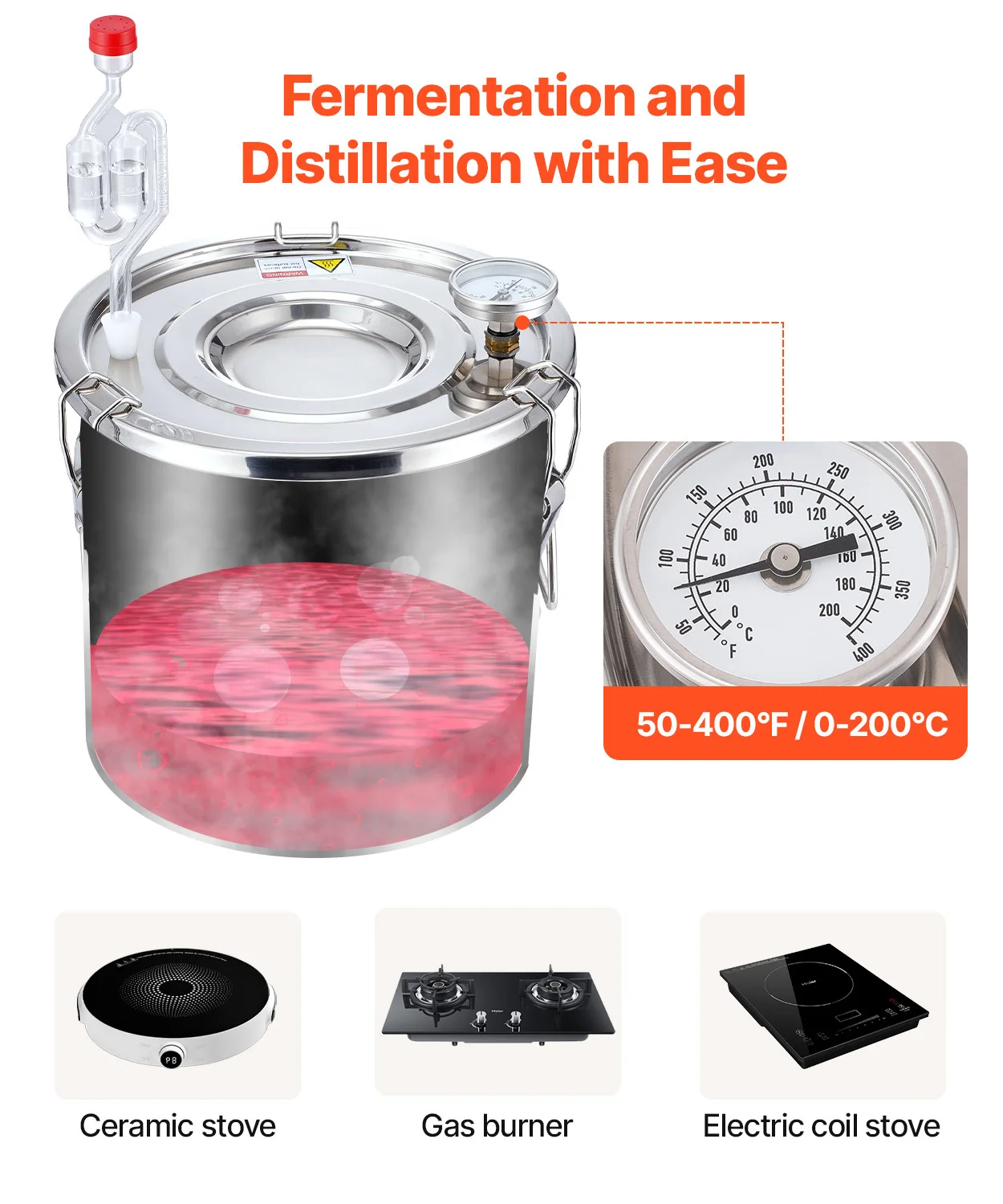 SucceBuy Alcohol Still 3 -8 Gallon Stainless Steel Water Alcohol Distiller with Copper Coil Brewing Refining Fermentation Kit