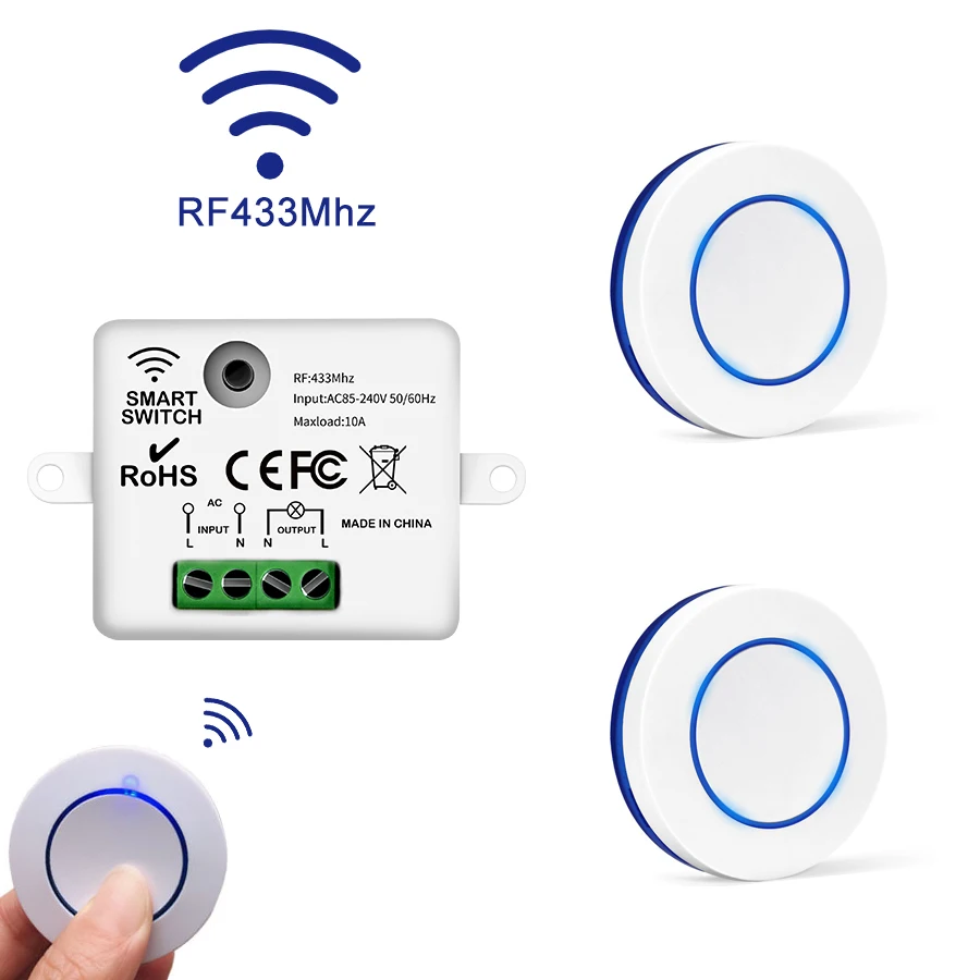 220V Mini Light Switch With Rf 433MHz Push Button Switch Wireless Remote  Control 10A Relay Module for Smart Home Lamp/LED OnOff