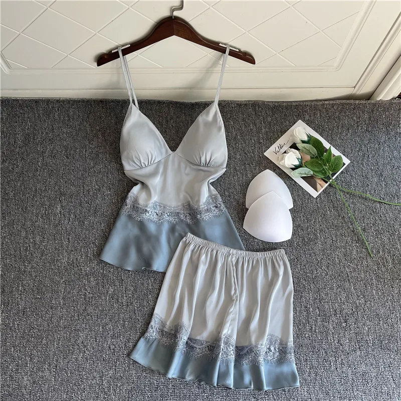 

2PCS Sleepwear Sexy Satin Pajamas Set Women Sleeveless Lace Strap Top&Shorts Suit Summer Intimate Lingerie Loose Home Clothes