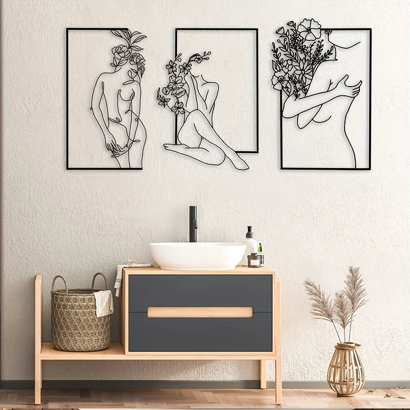 

3pcs Elegant Metal Wall Art Set for Women - Abstract Flower Design for Bedroom and Bathroom Decoration