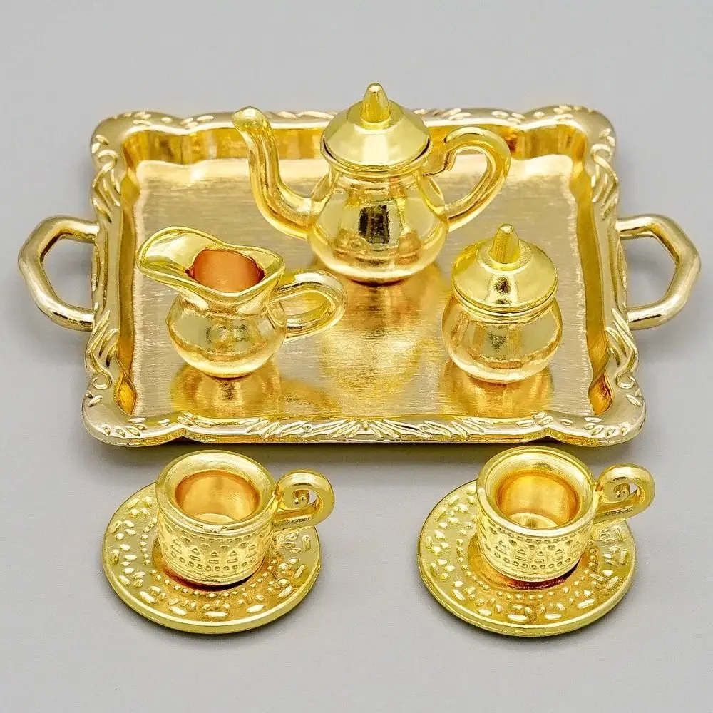

1/12 Dollhouse Decor Furniture Doll House Accessories Simulated Mini Tea Set Alloy Pattern Teapot Cup Plate Toys