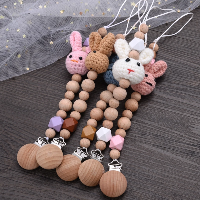 Baby Beech Teether Pacifier Chain Cartoon Animal Handmade Wood Teether Chain Baby Pacifier Clips Nipple Clip Teething Chew Toys 5