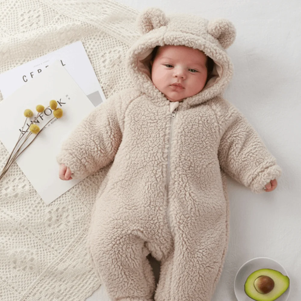 Thick Warm Baby Rompers Coral Fleece Soft Velvet Infant Jumpsuits Bear Shape Hooded Zipper Newborn Pajamas Winter Season