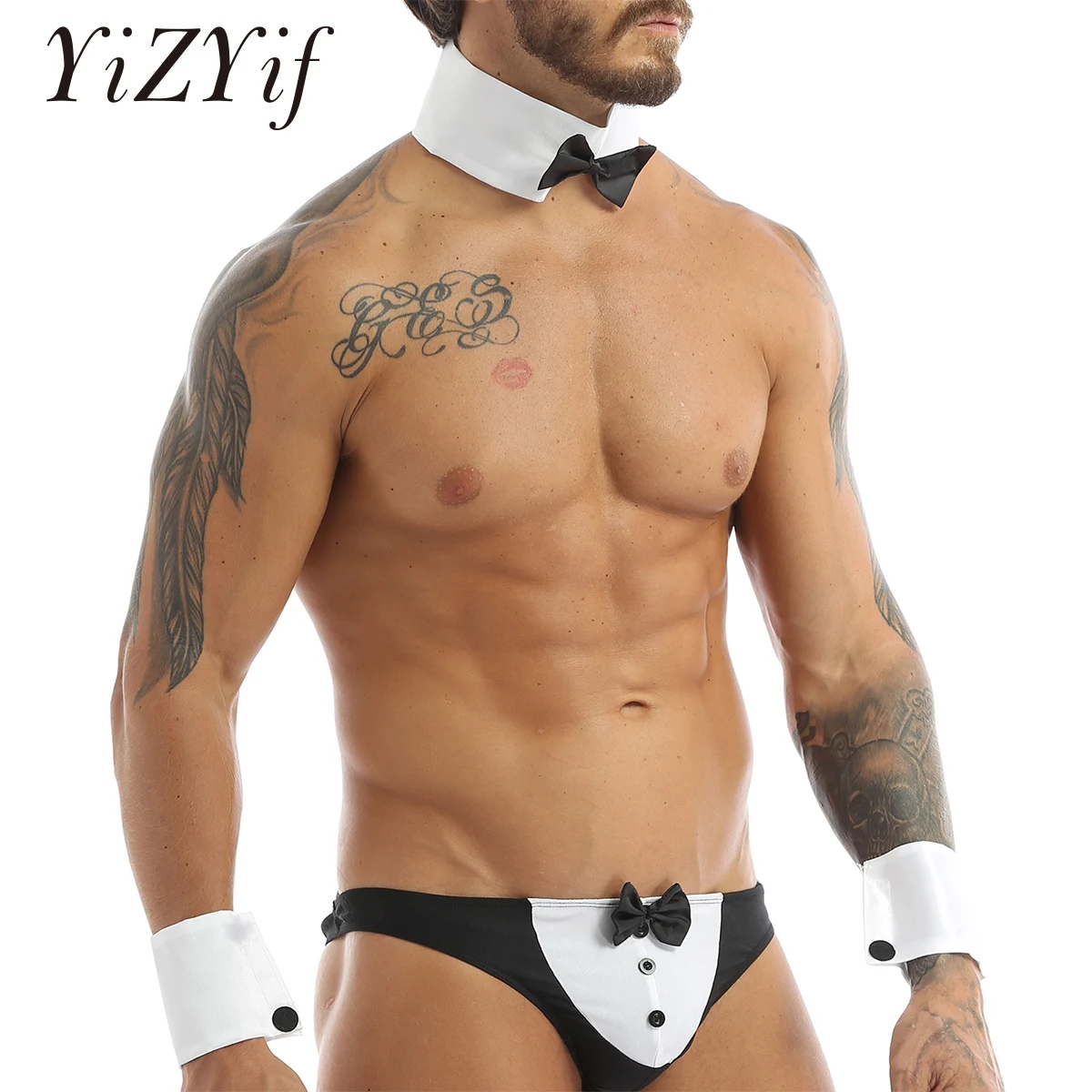 

Men Butlers Waiter Lingerie Set French Maid Role Play Costume Triangle Bowknot Thong Briefs Underwear with Collar Cuffs Clubwear